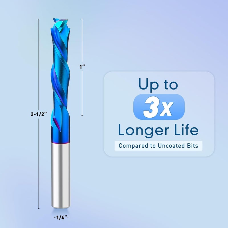 SILIVN CNC Router Bits End Mill for Wood Cut, Carving, Edge Trimming,1/4 Inch Shank Solid Carbide Flush with Nano Blue Coating, Set of 1Pcs Down Cut Bits+1Pcs Up Cut Bits+1Pcs Compression - Image 2